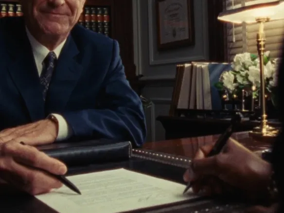 An advisor and a client reviewing and signing documents in a wood-panelled office