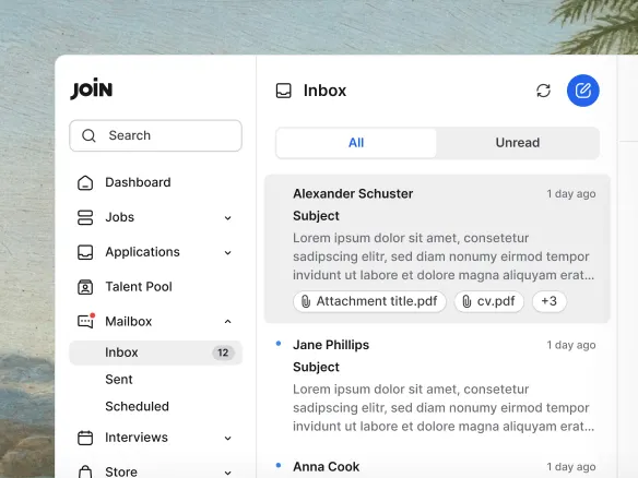 Join candidate communication inbox showing a shared team messaging thread