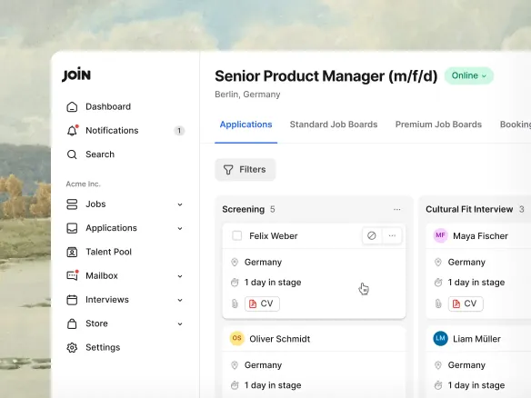 Join pipeline showing sourcing, screening, and communication in one view