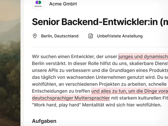 Bias-Flagging- und Keyword-Score-Panel auf einem Stellenanzeigen-Entwurf in Join