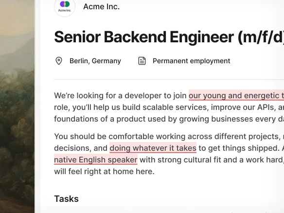 Bias-flagging and keyword score panel on a job description draft in Join