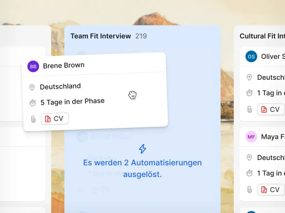 Visueller Recruiting-Workflow-Editor in Join mit Phasenwechsel-Trigger und E-Mail-Aktion