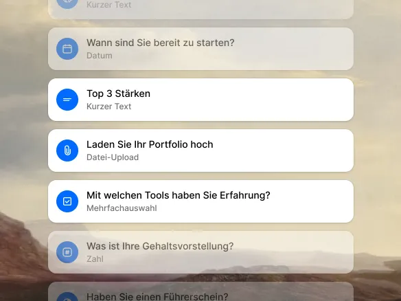 Screening-Fragetypen in Join: Ja/Nein, Einfachauswahl, Mehrfachauswahl, Zahl, Datum, Text und Datei-Upload