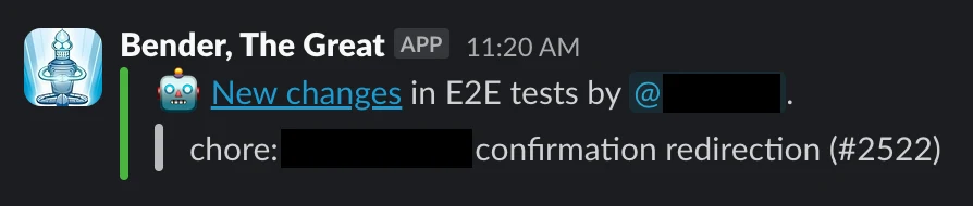 A Slack message in the deployment channel announcing merged E2E code changes with a link to the commit.