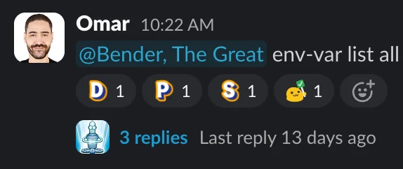 A Slack thread showing an action that succeeded across dev, staging, and production, each marked with its environment emoji.